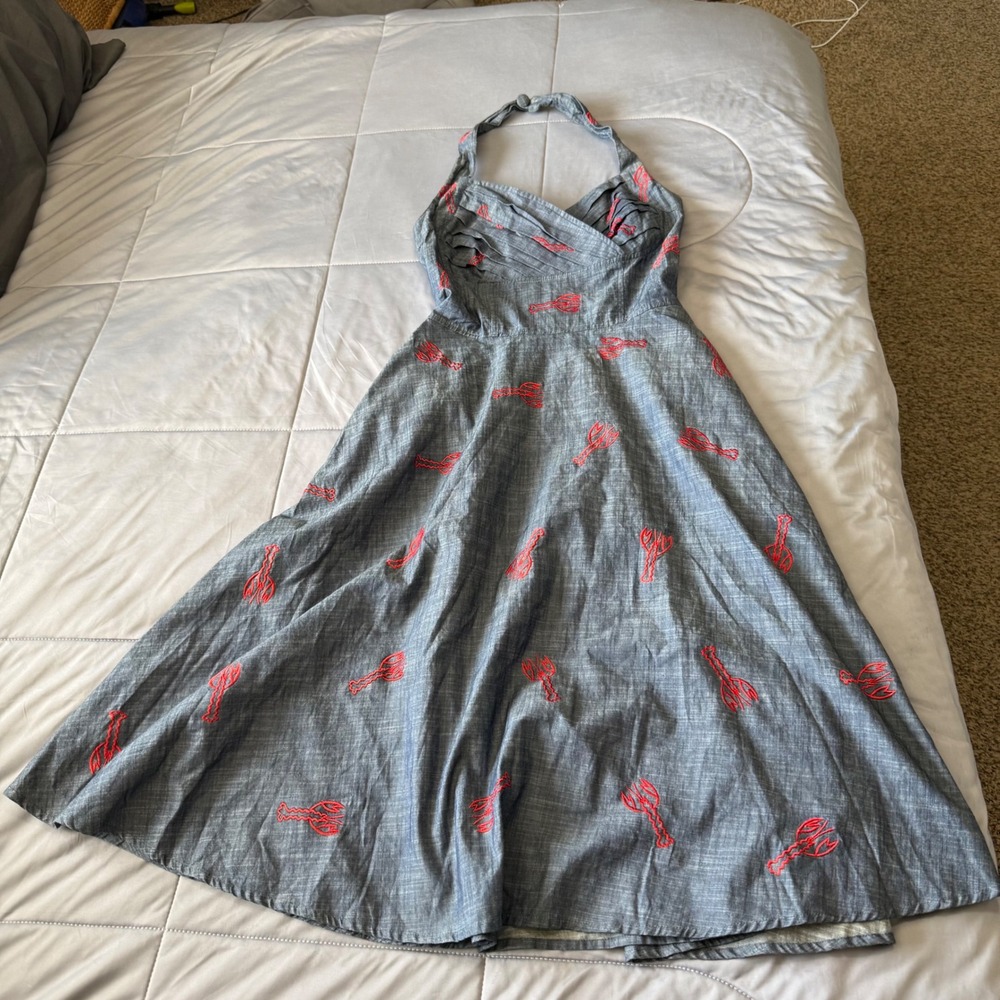 eShakti Halter Dress Women M Blue Excellent Lobster Embroidered Nautical Retro - Picture 2 of 9